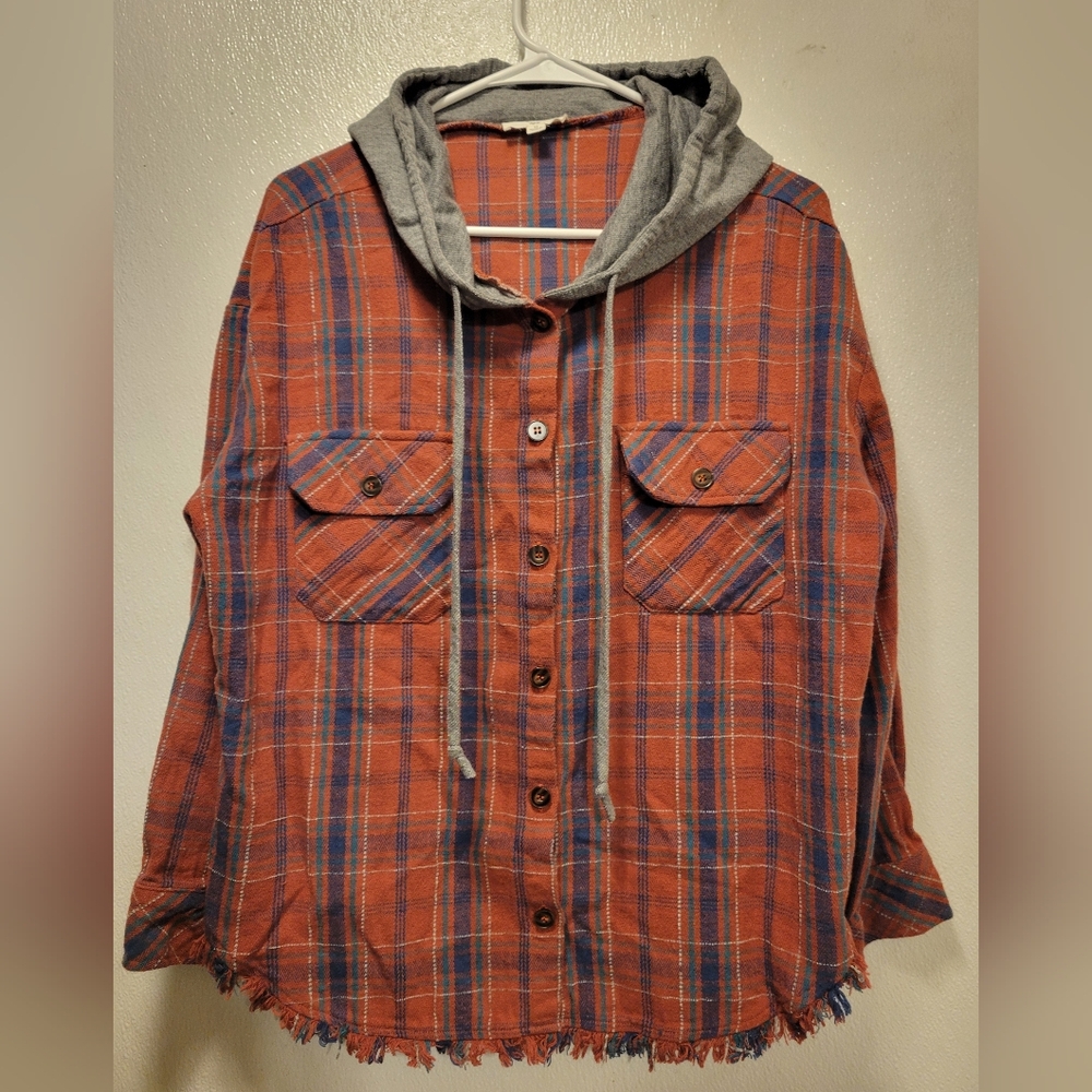 Shaggy Frayed Plaid Hooded Button-Up Shirt